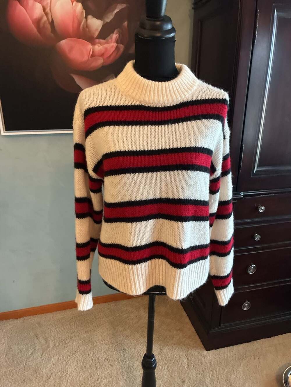Rebecca Minkoff Striped Crew-Neck Pullover Sweater Cream/Red/Black Sz S A667